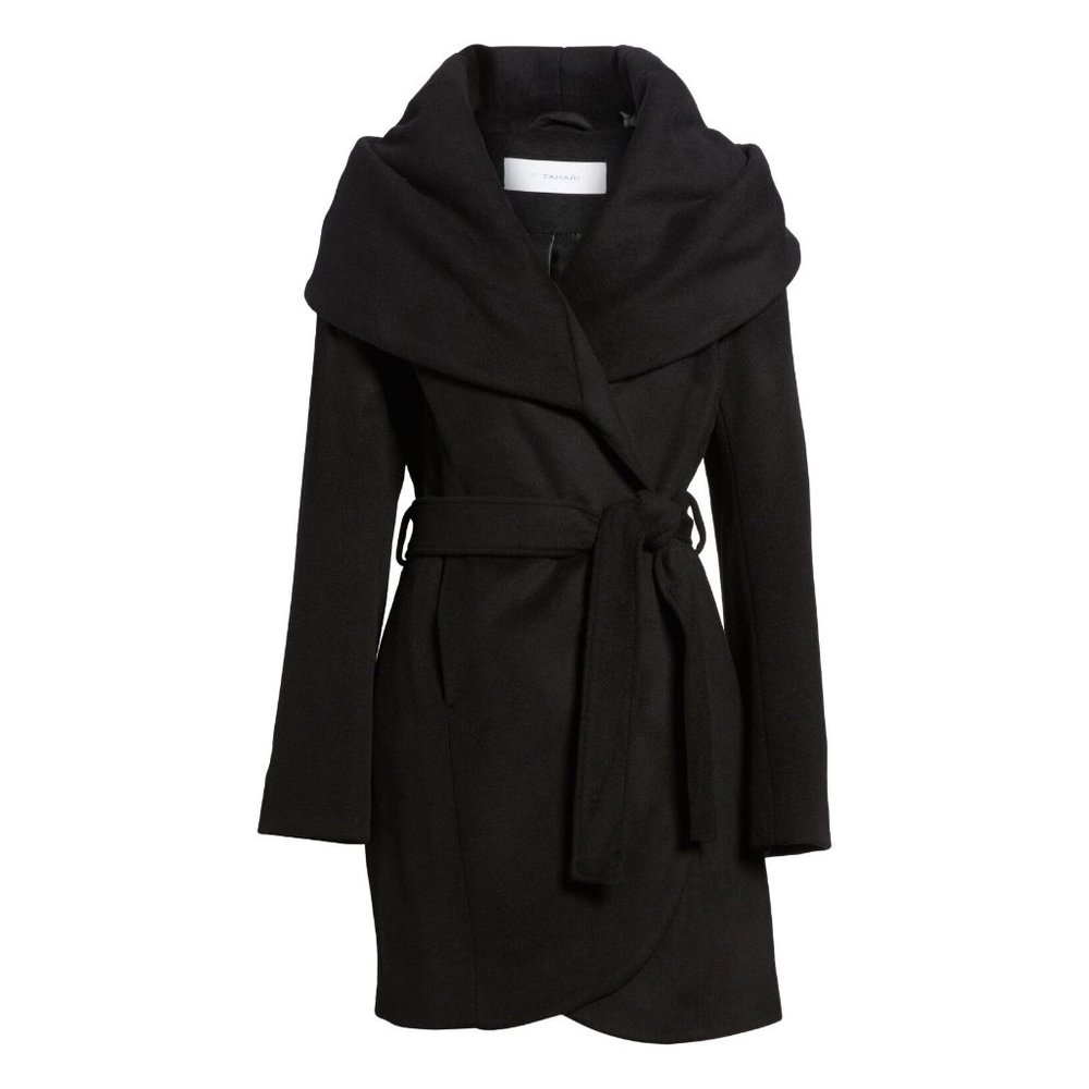 $370 Tahari Wool Blend Belted Wrap Coat shawl collar Black Jacket Winter S/M/L - Picture 4 of 8